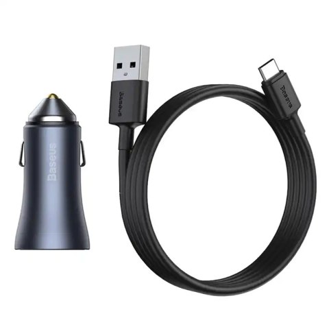 Ładowarka samochodowa Baseus Golden Contactor Pro, USB + USB-C, QC4.0+, PD, SCP, 40W (szara) + kabel USB do USB-C 1m (czarny)