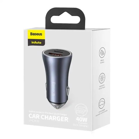 Ładowarka samochodowa Baseus Golden Contactor Pro, USB + USB-C, QC4.0+, PD, SCP, 40W (szara)