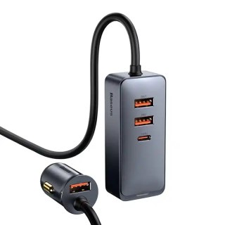 Ładowarka samochodowa Baseus Share Together z przedłużaczem, 3x USB, USB-C, 120W (szara)