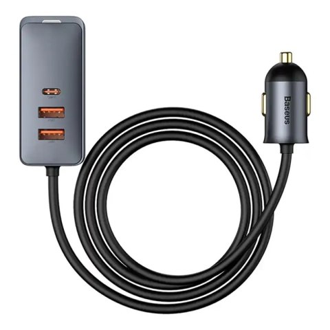 Ładowarka samochodowa Baseus Share Together z przedłużaczem, 3x USB, USB-C, 120W (szara)