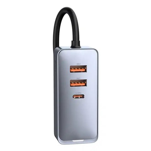 Ładowarka samochodowa Baseus Share Together z przedłużaczem, 3x USB, USB-C, 120W (szara)