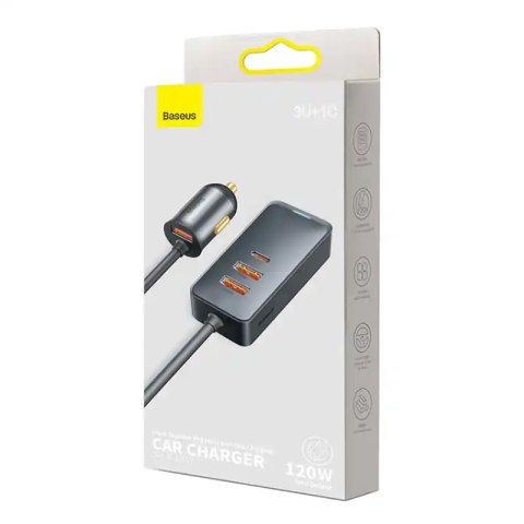 Ładowarka samochodowa Baseus Share Together z przedłużaczem, 3x USB, USB-C, 120W (szara)