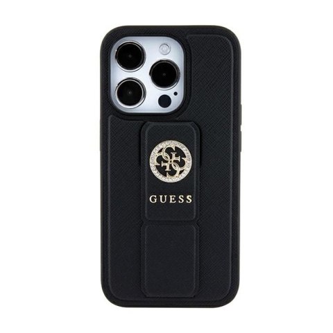 Guess Grip Stand 4G Saffiano Strass Logo - Etui iPhone 15 (czarny) Guess Grip Stand 4G Saffiano Strass Logo - Etui iPhone 15 (czarny)