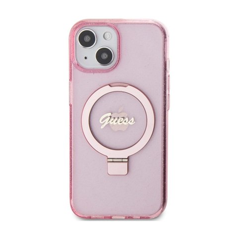 Guess Ring Stand Script Glitter MagSafe - Etui iPhone 15 (różowy)