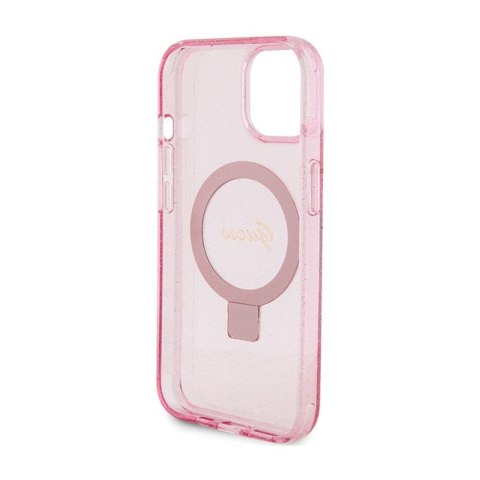 Guess Ring Stand Script Glitter MagSafe - Etui iPhone 15 (różowy)