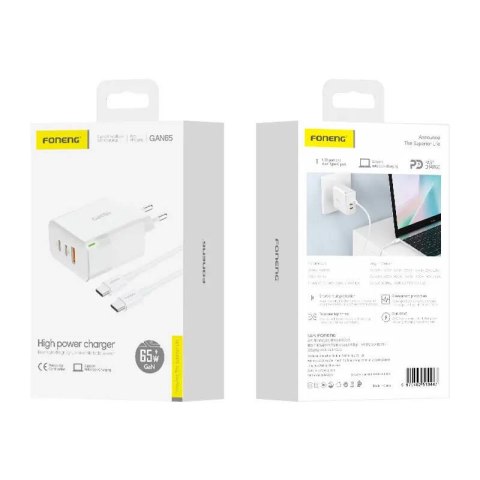 Ładowarka sieciowa Foneng GAN65 USB-A, 2x USB-C GaN 65W z kablem USB-C (biała) Ładowarka sieciowa Foneng GAN65 USB-A, 2x USB-C GaN 65W z kablem USB-C (biała)