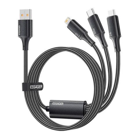 Kabel USB-A 3w1, Essager, EXCMTL-JJ01-P, USB-C/Lightning/Micro, 100W, 1.2m (czarny) Kabel USB-A 3w1, Essager, EXCMTL-JJ01-P, USB-C/Lightning/Micro, 100W, 1.2m (czarny)
