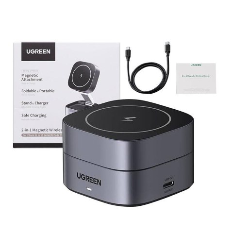 Ładowarka indukcyjna Qi 2w1 Ugreen W256 do iPhone, AirPods, 20W (czarna) + kabel USB-C do USB-C 1m Ładowarka indukcyjna Qi 2w1 Ugreen W256 do iPhone, AirPods, 20W (czarna) + kabel USB-C do USB-C 1m