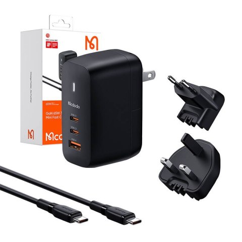 Ładowarka sieciowa Mcdodo CH-8442 UK/US/EU, 2x USB-C + USB-A, kabel USB-C 2m, 65W (czarna) Ładowarka sieciowa Mcdodo CH-8442 UK/US/EU, 2x USB-C + USB-A, kabel USB-C 2m, 65W (czarna)