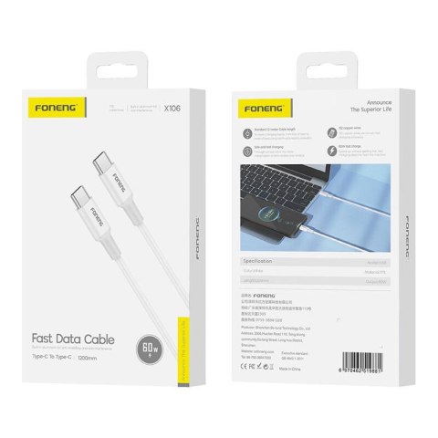 Kabel USB-C do USB-C Foneng X106 60W, 1,2m (biały) Kabel USB-C do USB-C Foneng X106 60W, 1,2m (biały)