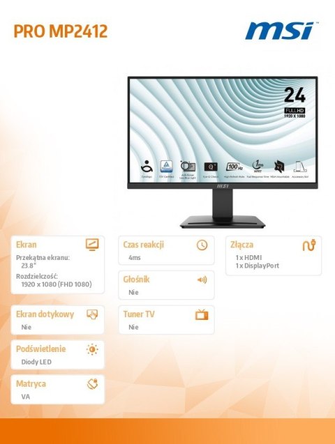 Monitor 23.8 cala PRO MP2412 LED/FHD/Flat/100Hz/czarny