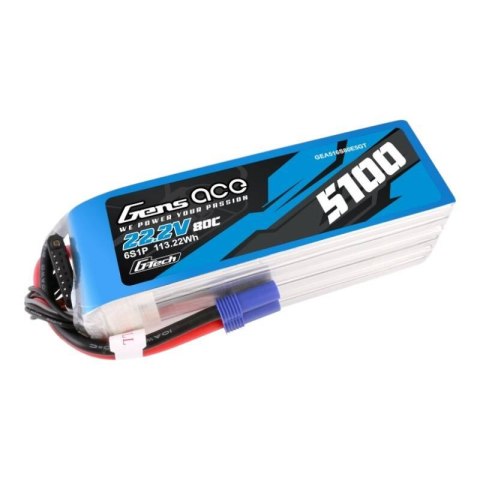 Akumulator Gens ace G-Tech 5100mAh 80C 22.2V 6S1P Lipo z konektorem EC5 plug Akumulator Gens ace G-Tech 5100mAh 80C 22.2V 6S1P Lipo z konektorem EC5 plug