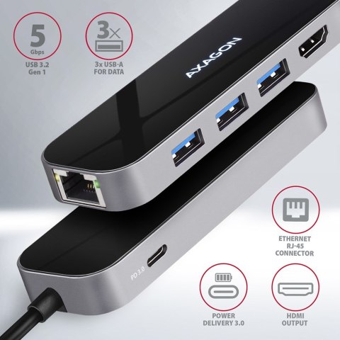 Axagon HMC-6GL stacja dokująca USB 3.2 Gen 1 (3.1 Gen 1) Type-C Czarny, Szary