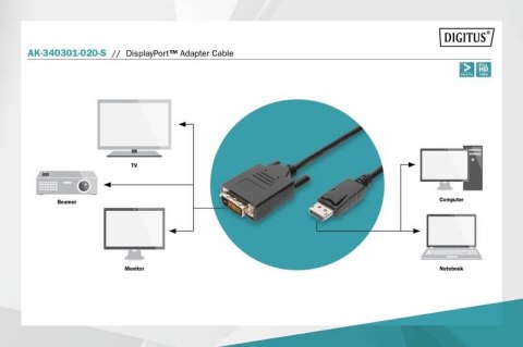 Kabel adapter Displayport z zatrzaskiem 1080p 60Hz FHD Typ DP/DVI-D (24+1) M/M czarny 2m Kabel adapter Displayport z zatrzaskiem 1080p 60Hz FHD Typ DP/DVI-D (24+1) M/M czarny 2m