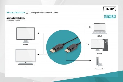Kabel połączeniowy DisplayPort z zatrzaskami 4K 60Hz UHD Typ DP/DP M/M czarny 1m Kabel połączeniowy DisplayPort z zatrzaskami 4K 60Hz UHD Typ DP/DP M/M czarny 1m
