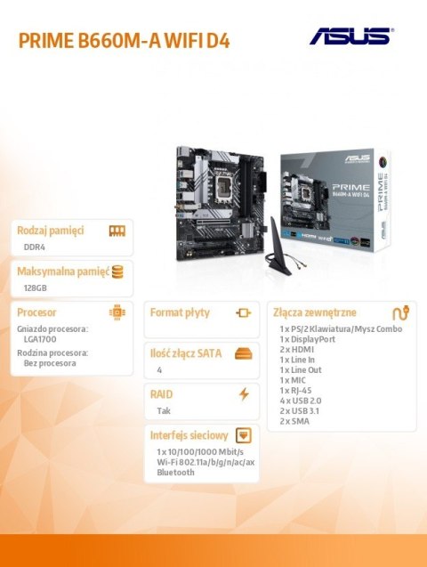 Płyta główna PRIME B660M-A WIFI D4 s1700 4DDR4 HDMI M.2 mATX Płyta główna PRIME B660M-A WIFI D4 s1700 4DDR4 HDMI M.2 mATX