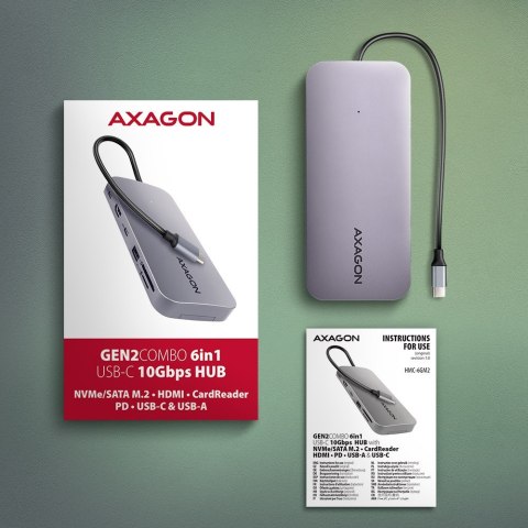 HMC-6GM2 Wieloportovy hub USB 6in1, 10Gbps, USB-A, USB-C, HDMI 4K/60Hz, M.2 NVMe/SATA, SD/microSD, PD 100W, 20cm USB-C kabel