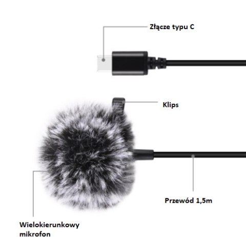 Mikrofon Jack Puluz krawatowy z klipsem PU425 1,5m USB-C Mikrofon Jack Puluz krawatowy z klipsem PU425 1,5m USB-C