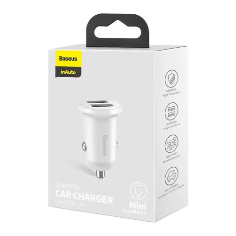 Ładowarka samochodowa Baseus Grain Pro 2x USB 4.8A (biała) Ładowarka samochodowa Baseus Grain Pro 2x USB 4.8A (biała)