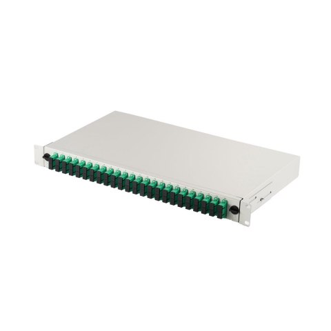 Panel krosowy FO z wyposażeniem 19'' 1U, 24x SC APC dx, OS2, pigtaile, adaptery, tacki, szary Panel krosowy FO z wyposażeniem 19'' 1U, 24x SC APC dx, OS2, pigtaile, adaptery, tacki, szary